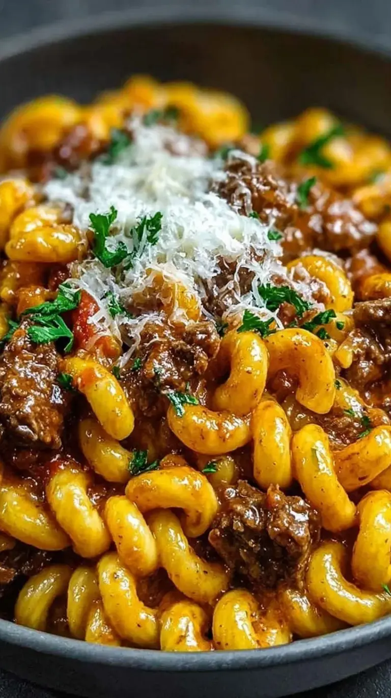 A close-up shot of creamy beef pasta with fresh spinach and parmesan cheese in a white bowl.