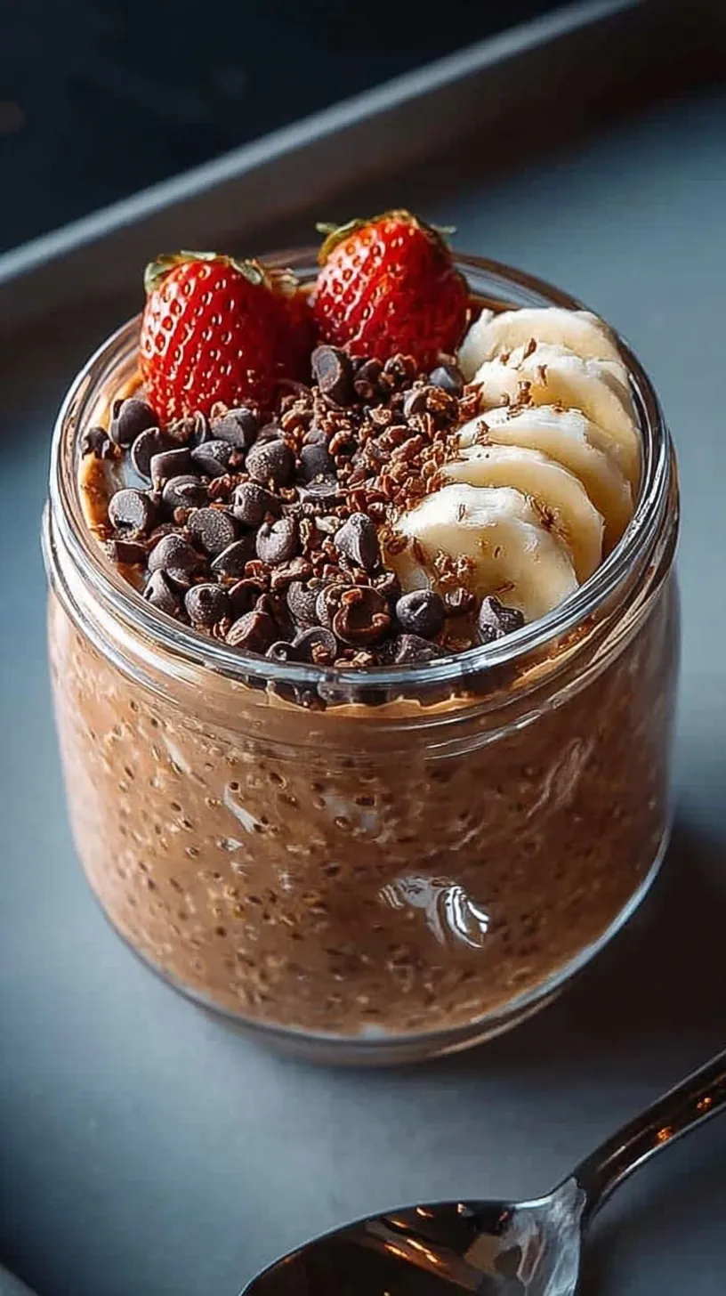 A glass jar filled with creamy chocolate brownie batter overnight oats topped with mini chocolate chips