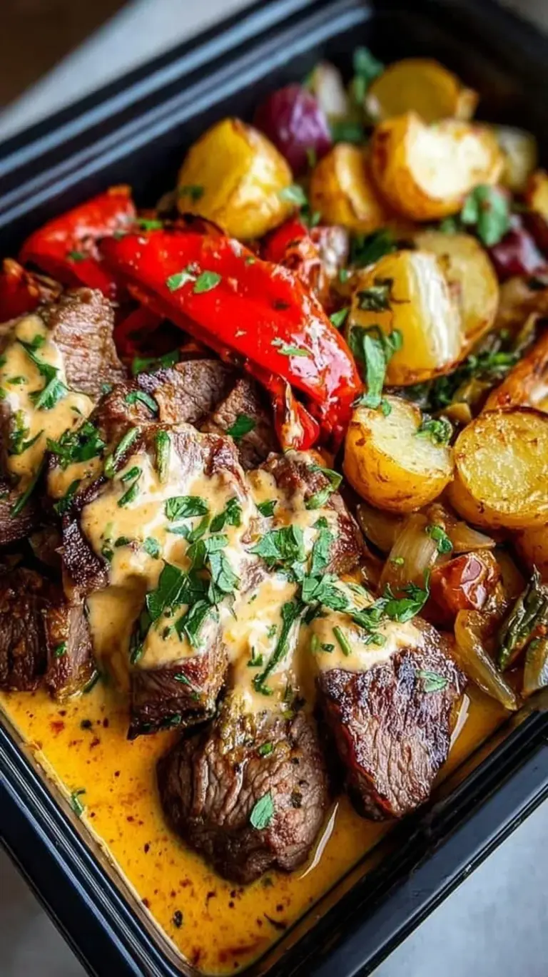 Glass meal prep containers filled with roasted gold potatoes, seared steak strips, and a creamy orange chipotle sauce.