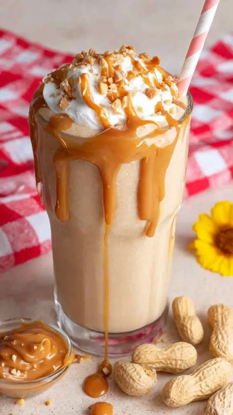 A tall glass of creamy peanut butter smoothie with a dusting of cinnamon on top