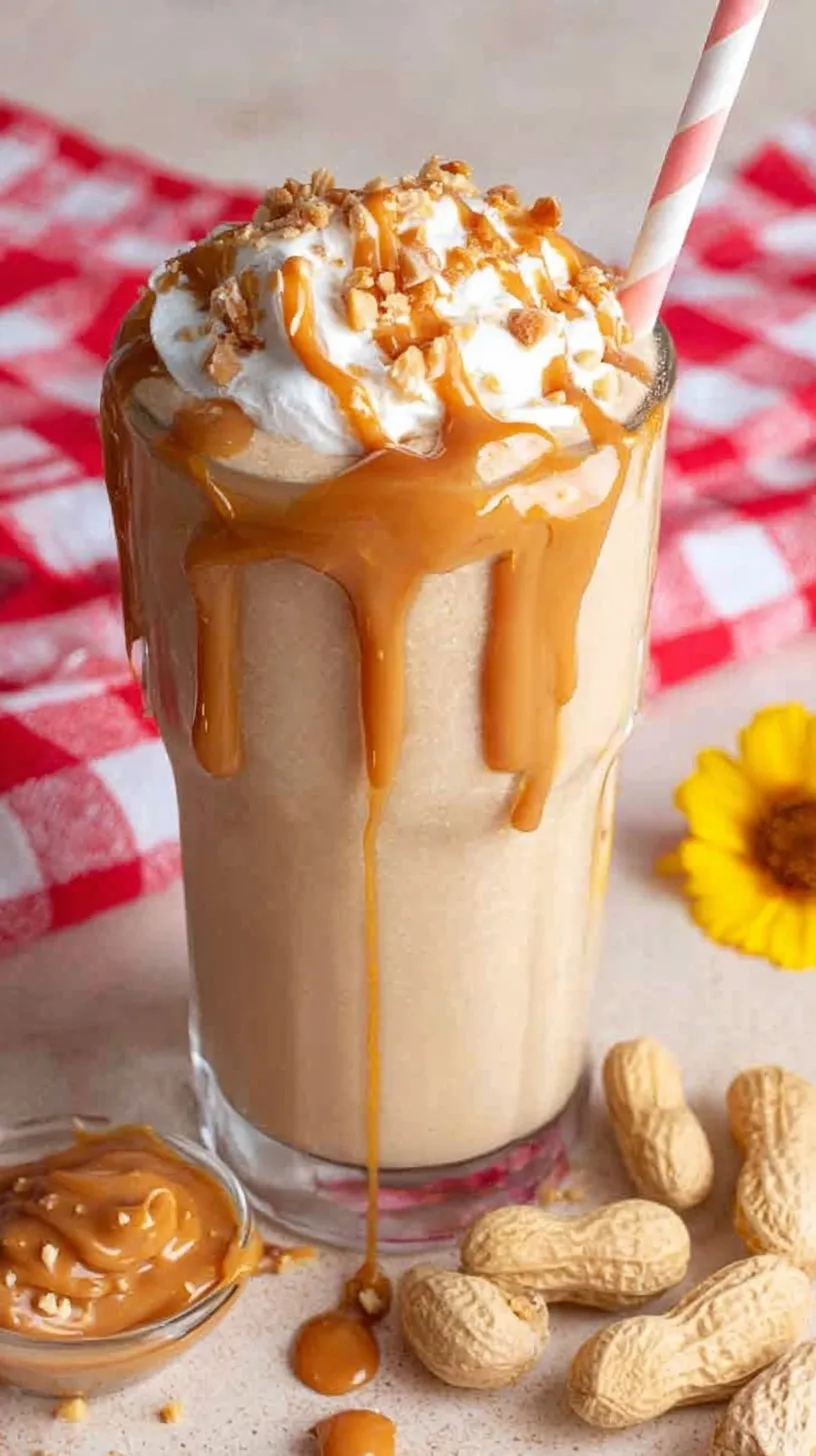 A tall glass of creamy peanut butter smoothie with a dusting of cinnamon on top