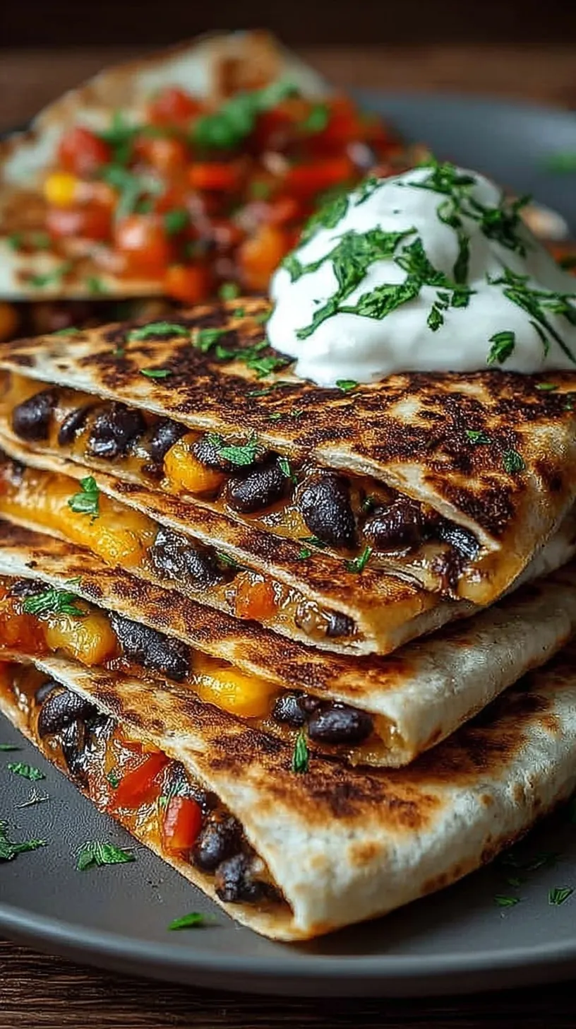 Two golden brown crispy black bean quesadillas sliced into wedges on a plate