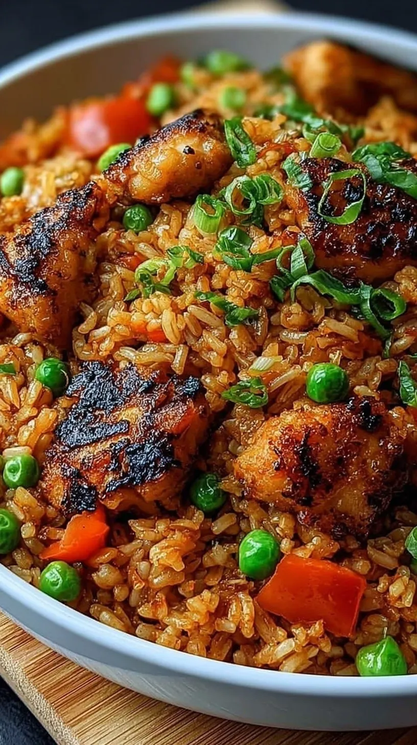 A steaming bowl of garlic chicken fried rice with crispy chicken, green onions, and colorful peas and carrots.