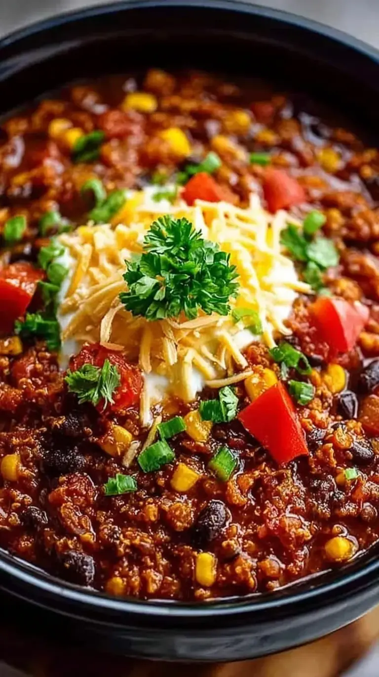 A steaming bowl of lentil taco chili topped with fresh avocado and cilantro in a cozy kitchen setting.