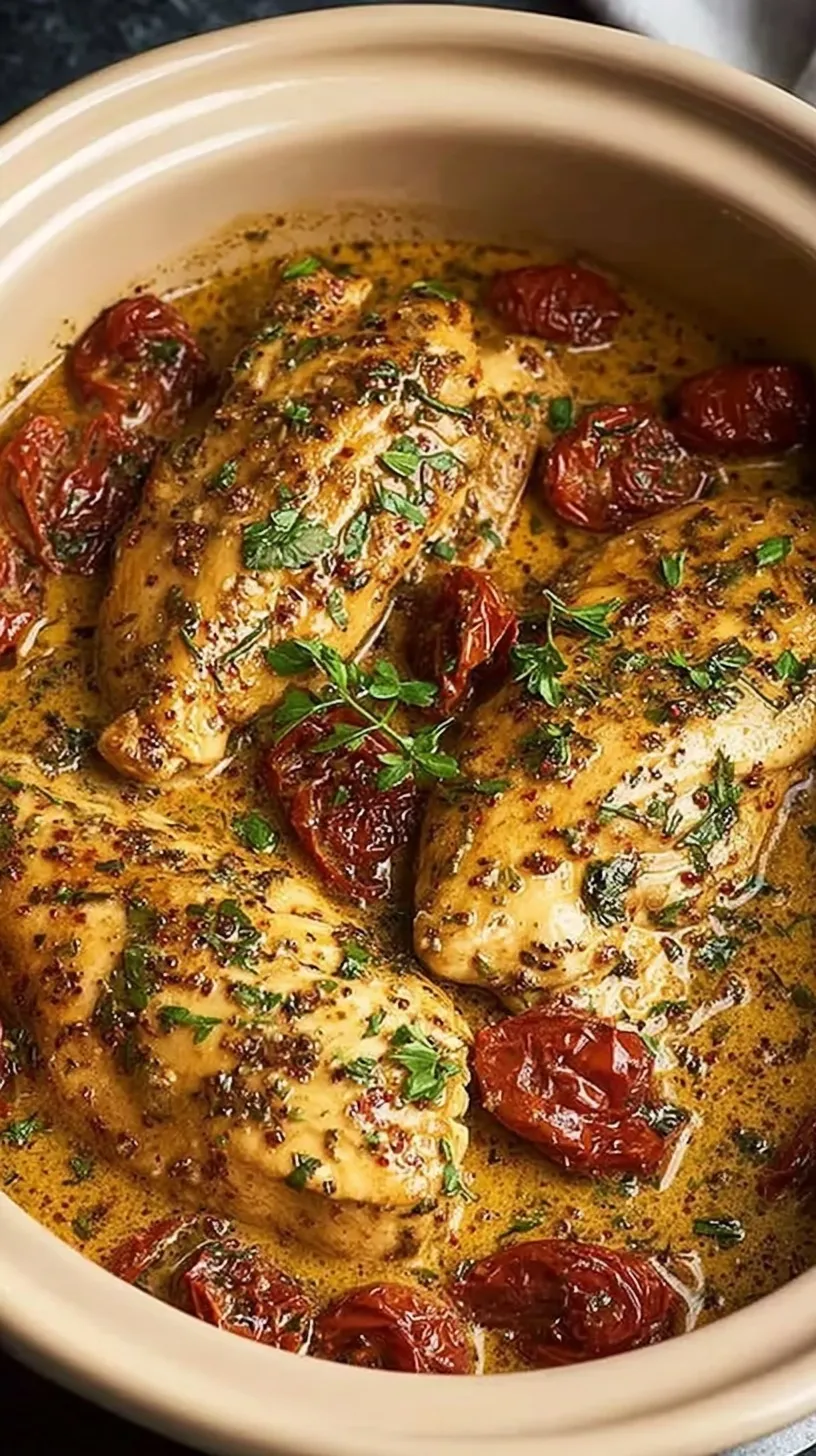Creamy slow cooker chicken with sun-dried tomatoes and spinach in a white bowl