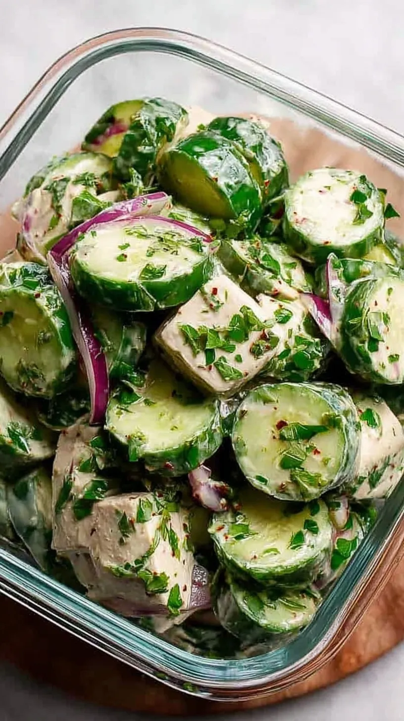 A bowl of sliced English cucumbers and chickpeas tossed in a creamy white Greek yogurt dressing with fresh dill.
