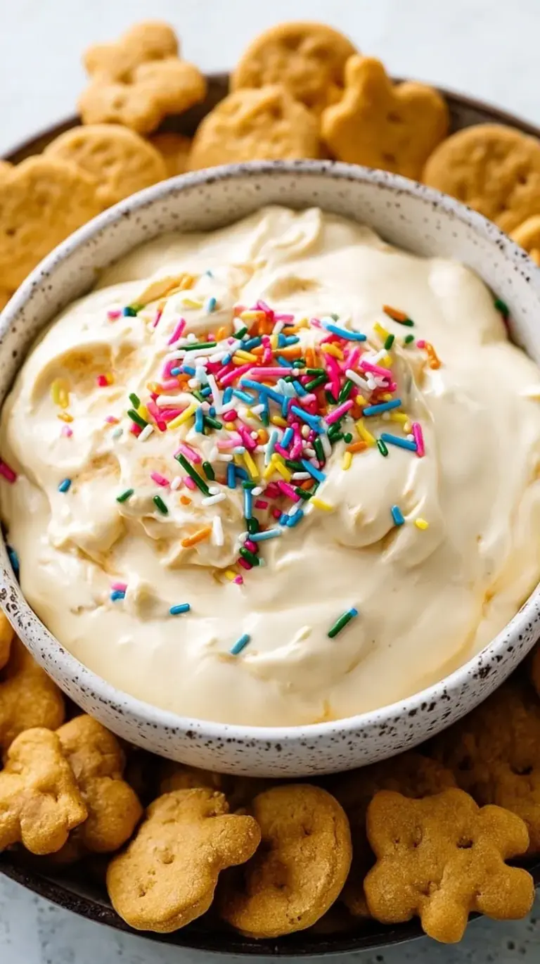 A bowl of creamy High Protein Dunkaroo Dip topped with rainbow sprinkles and served with apple slices.