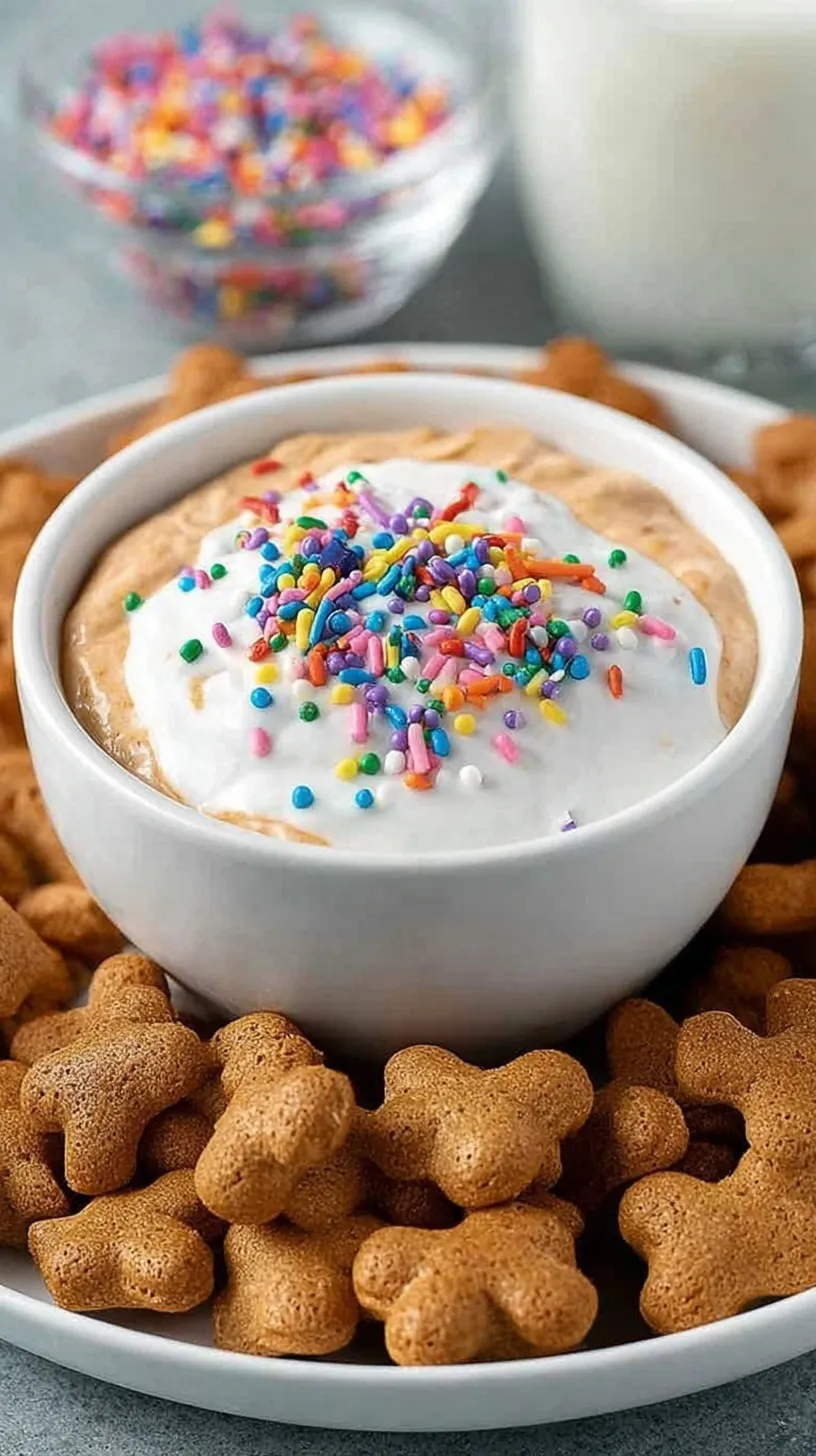 A bowl of creamy high protein dunkaroo dip with rainbow sprinkles and graham crackers.
