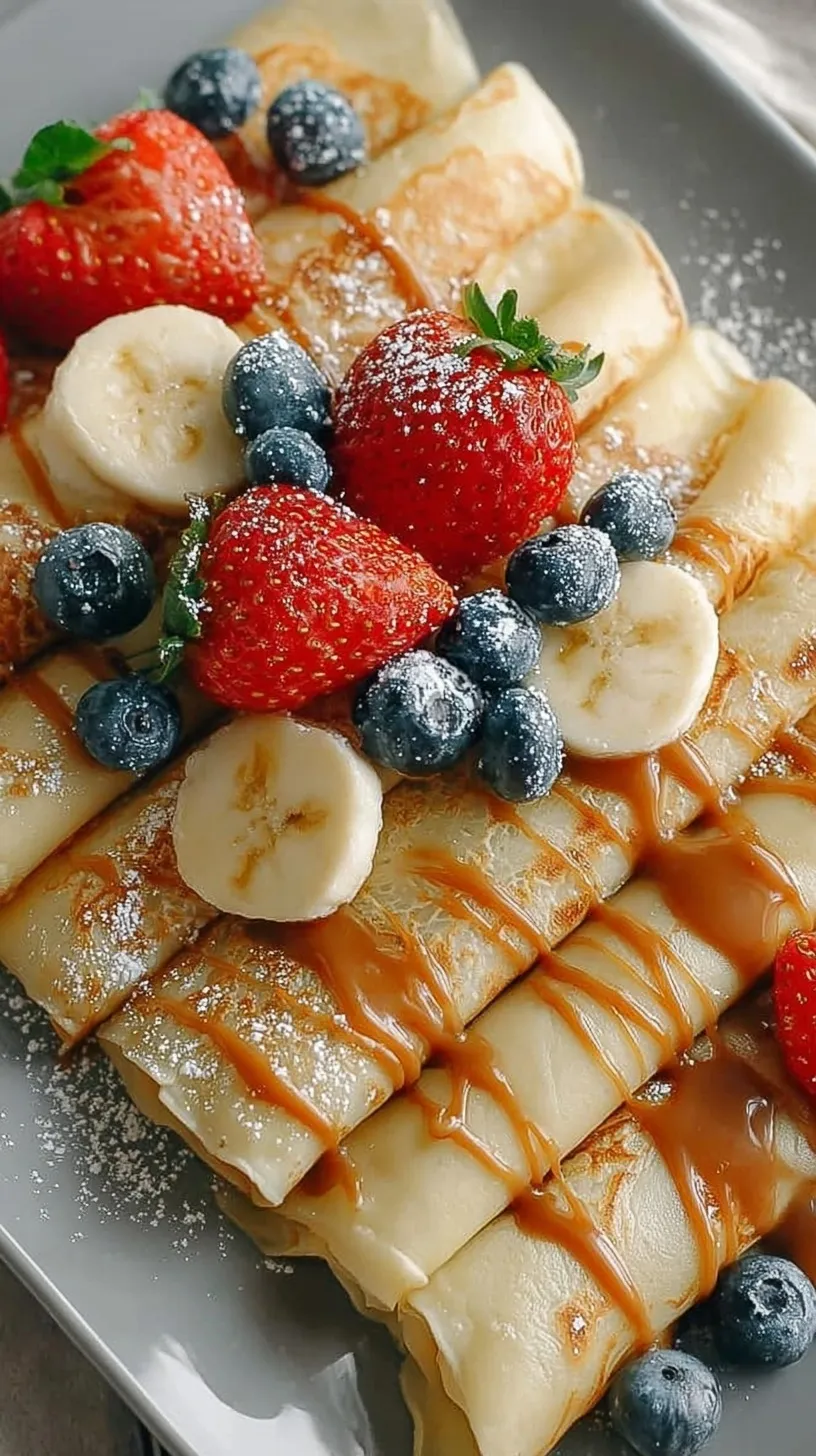 A stack of thin, golden high protein egg white crepes topped with fresh berries and yogurt.