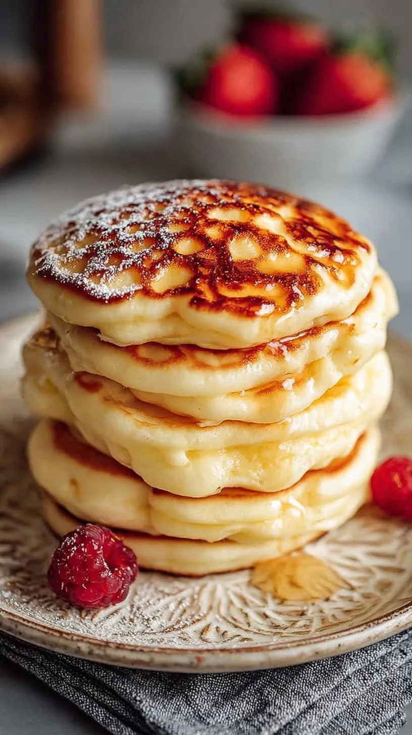 A stack of golden brown high-protein fluffy pancakes topped with fresh berries and a drizzle of syrup on a white plate.