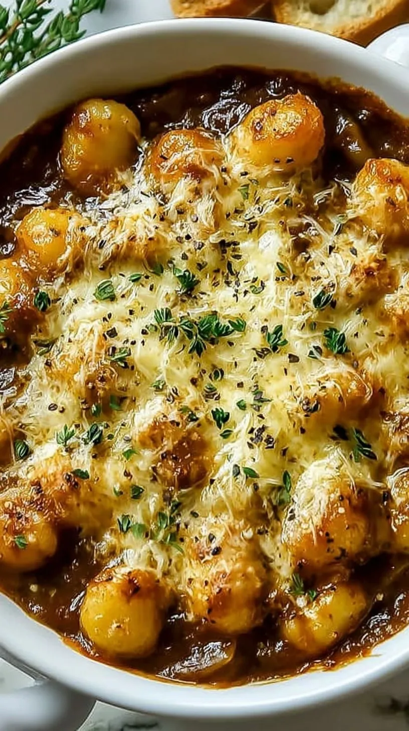 A creamy skillet of High Protein French Onion Gnocchi topped with melted bubbly Gruyere cheese and fresh thyme.