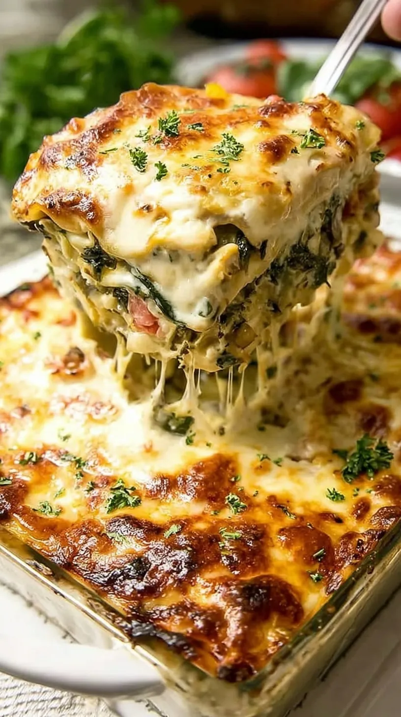 A bubbling dish of garden vegetable lasagna with melted mozzarella and fresh spinach layers.