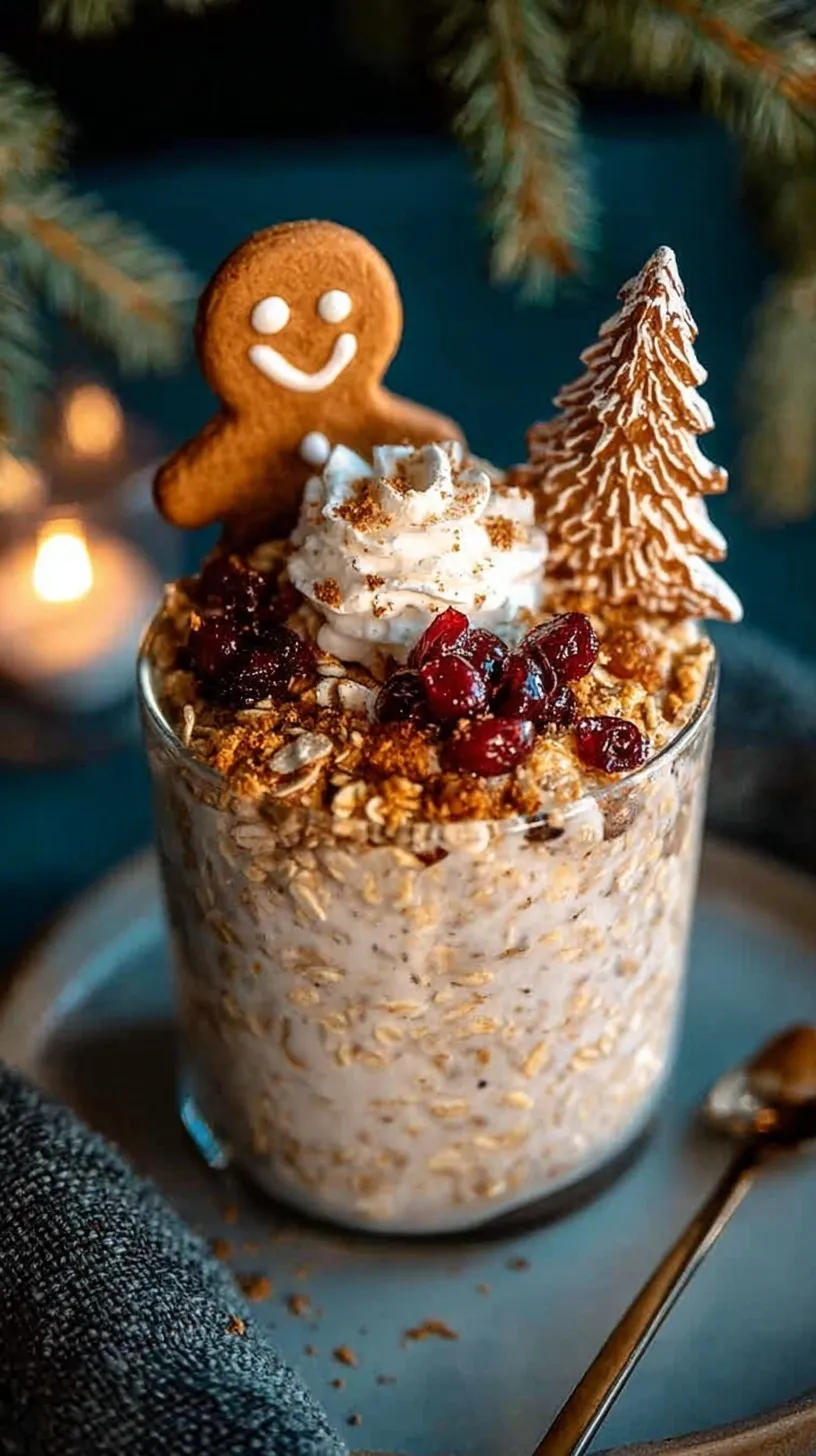 A glass jar filled with creamy gingerbread overnight oats topped with a sprinkle of cinnamon and a dollop of yogurt.