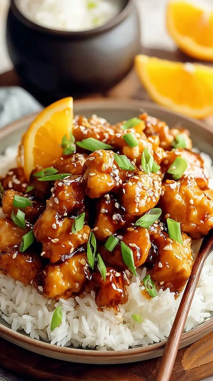 Crispy golden orange chicken pieces in a sticky citrus glaze served over white rice with fresh orange zest.