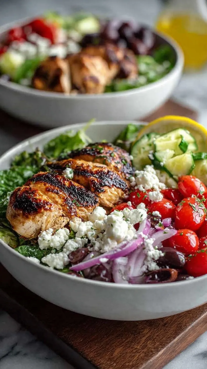 A vibrant glass meal prep bowl filled with grilled chicken, quinoa, Greek salad, and creamy tzatziki sauce.