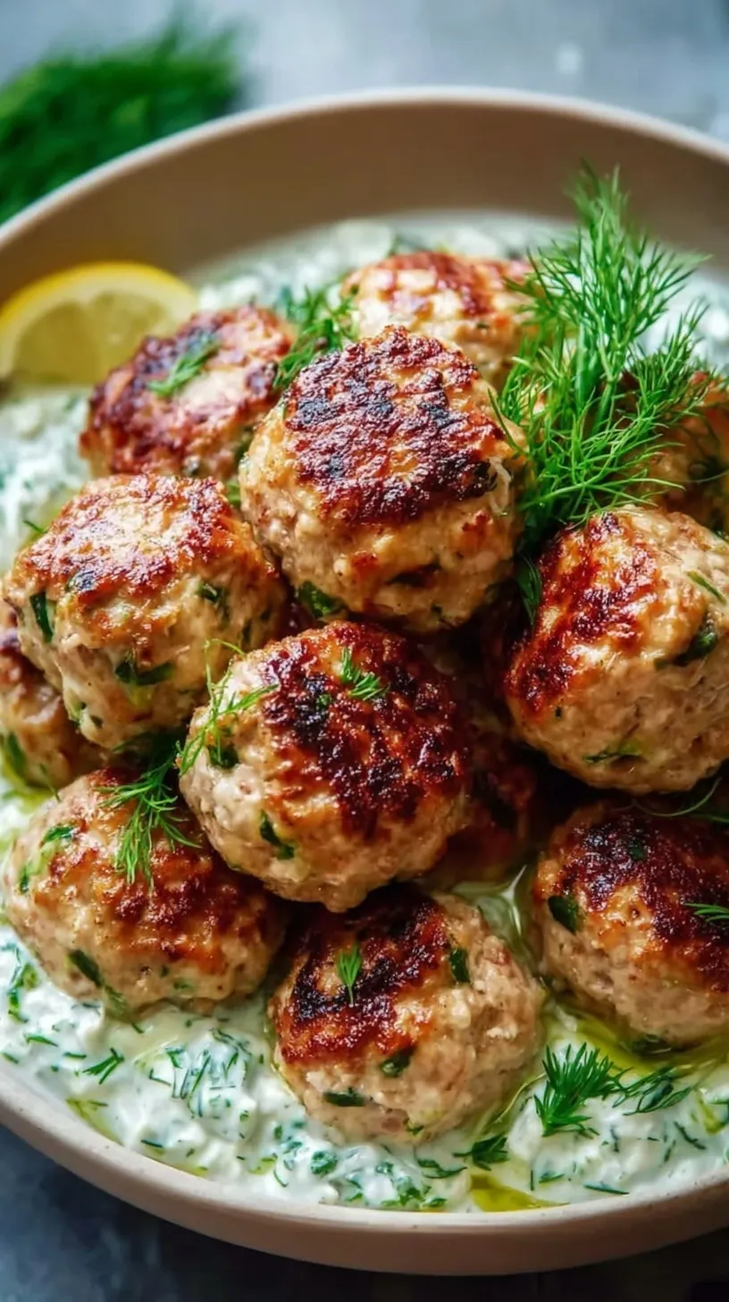 Golden brown Greek turkey meatballs served with a bowl of creamy white tzatziki sauce and fresh herbs.