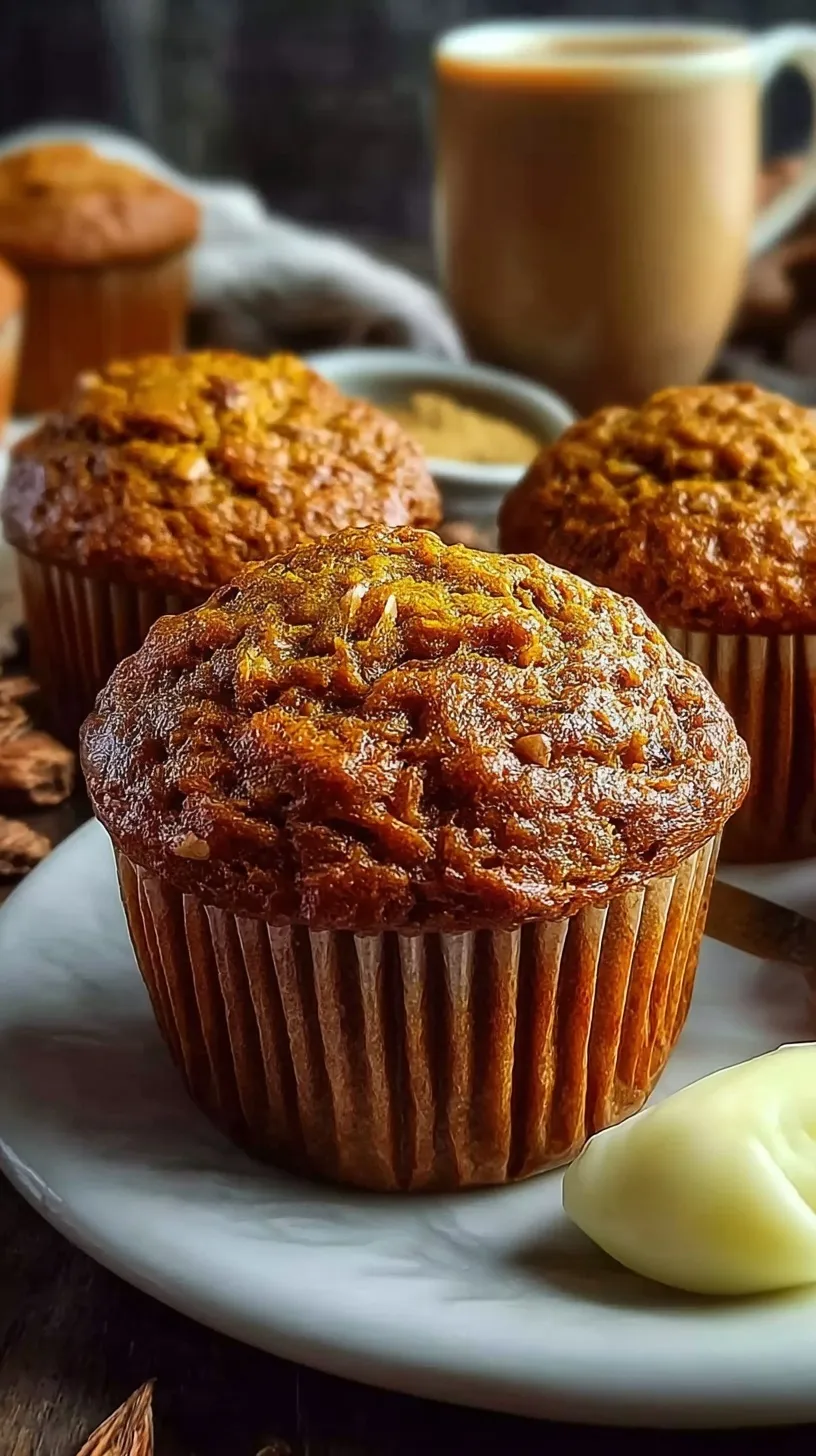 A stack of golden brown pumpkin muffins on a wire cooling rack with a cup of coffee nearby.