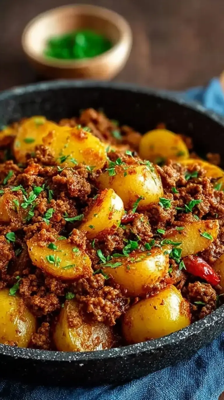 A steaming skillet filled with browned ground beef, golden cubed potatoes, and fresh green parsley.