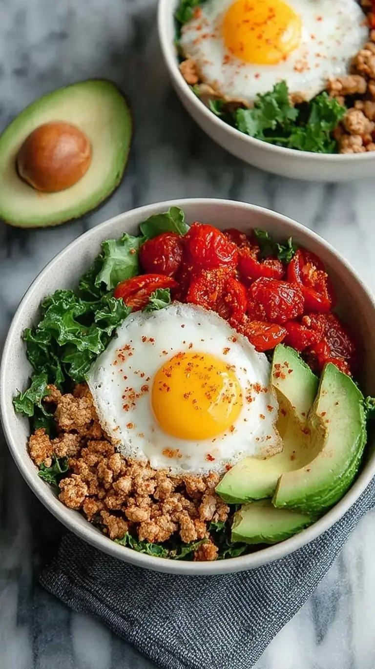 A vibrant breakfast bowl with ground turkey, roasted sweet potatoes, fresh spinach, and a fried egg on top.