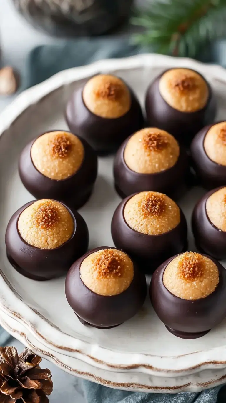 A tray of high-protein healthy buckeyes dipped in dark chocolate on parchment paper.