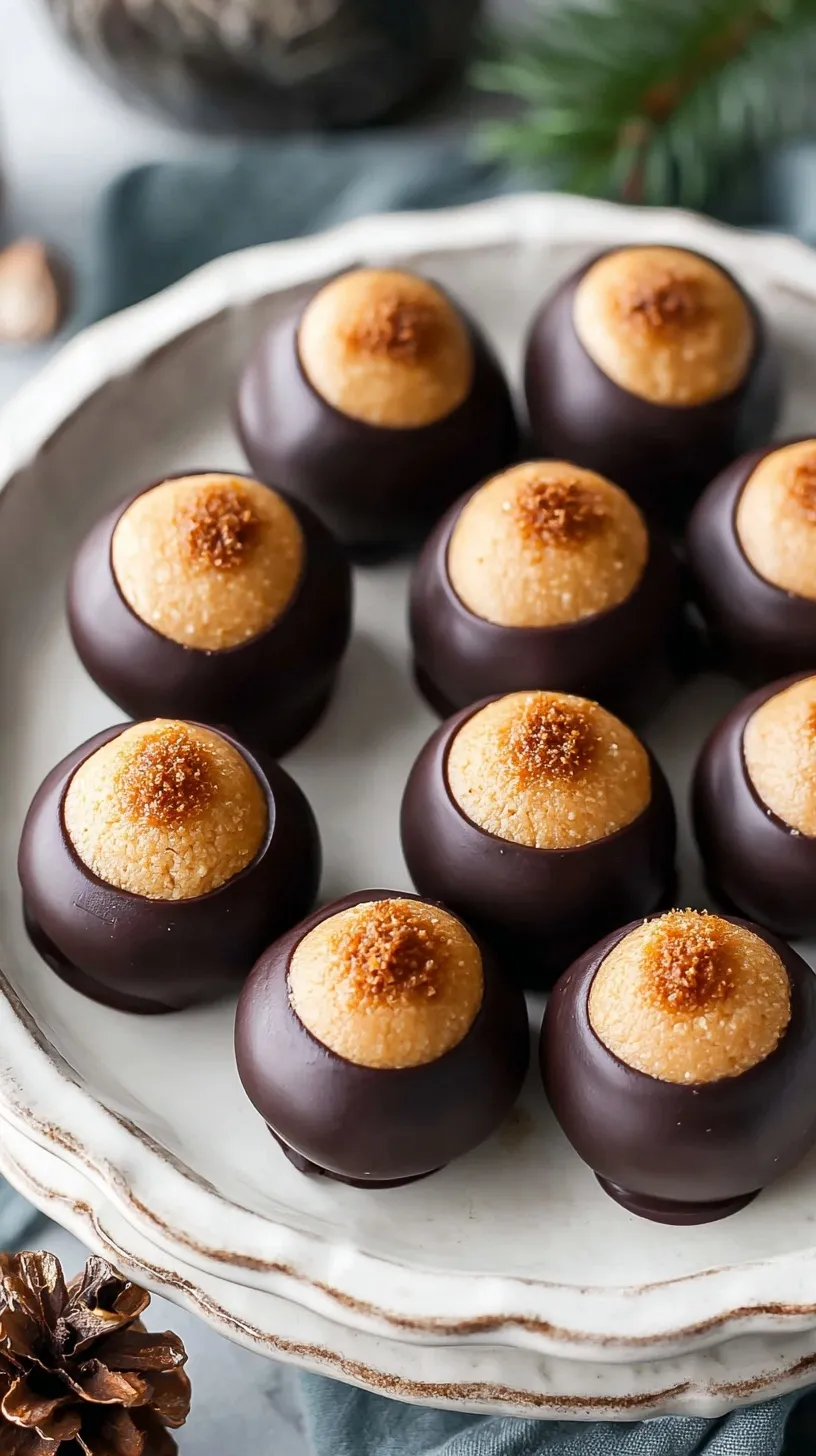 A tray of high-protein healthy buckeyes dipped in dark chocolate on parchment paper.