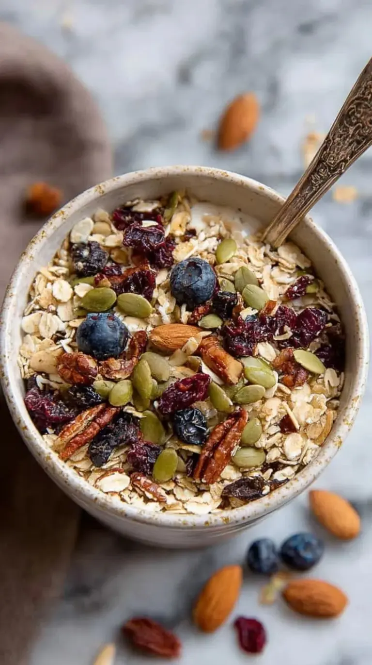 A glass jar filled with homemade high protein muesli showing layers of oats, seeds, and nuts.