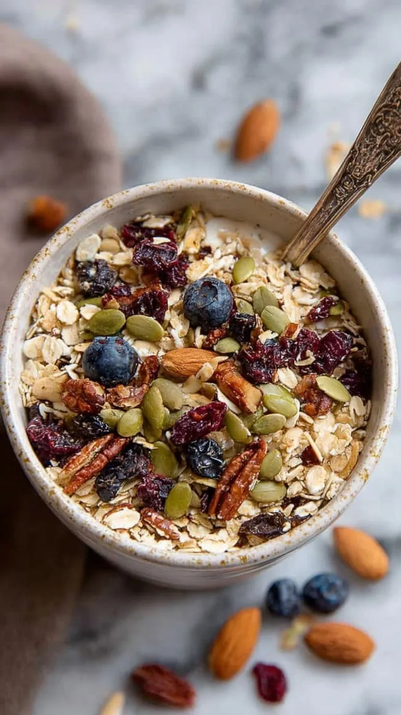A glass jar filled with homemade high protein muesli showing layers of oats, seeds, and nuts.
