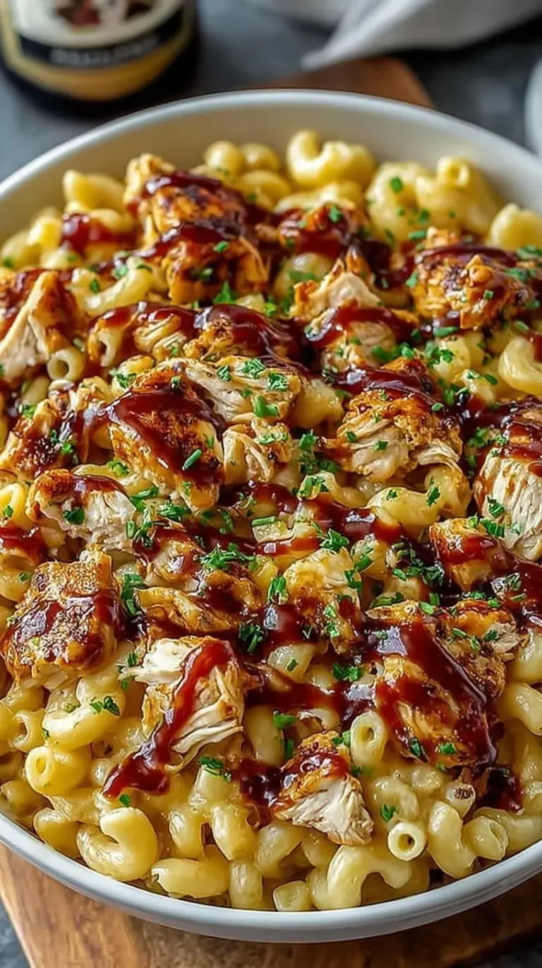 A bowl of creamy high protein BBQ mac and cheese topped with smoky chicken and green onions