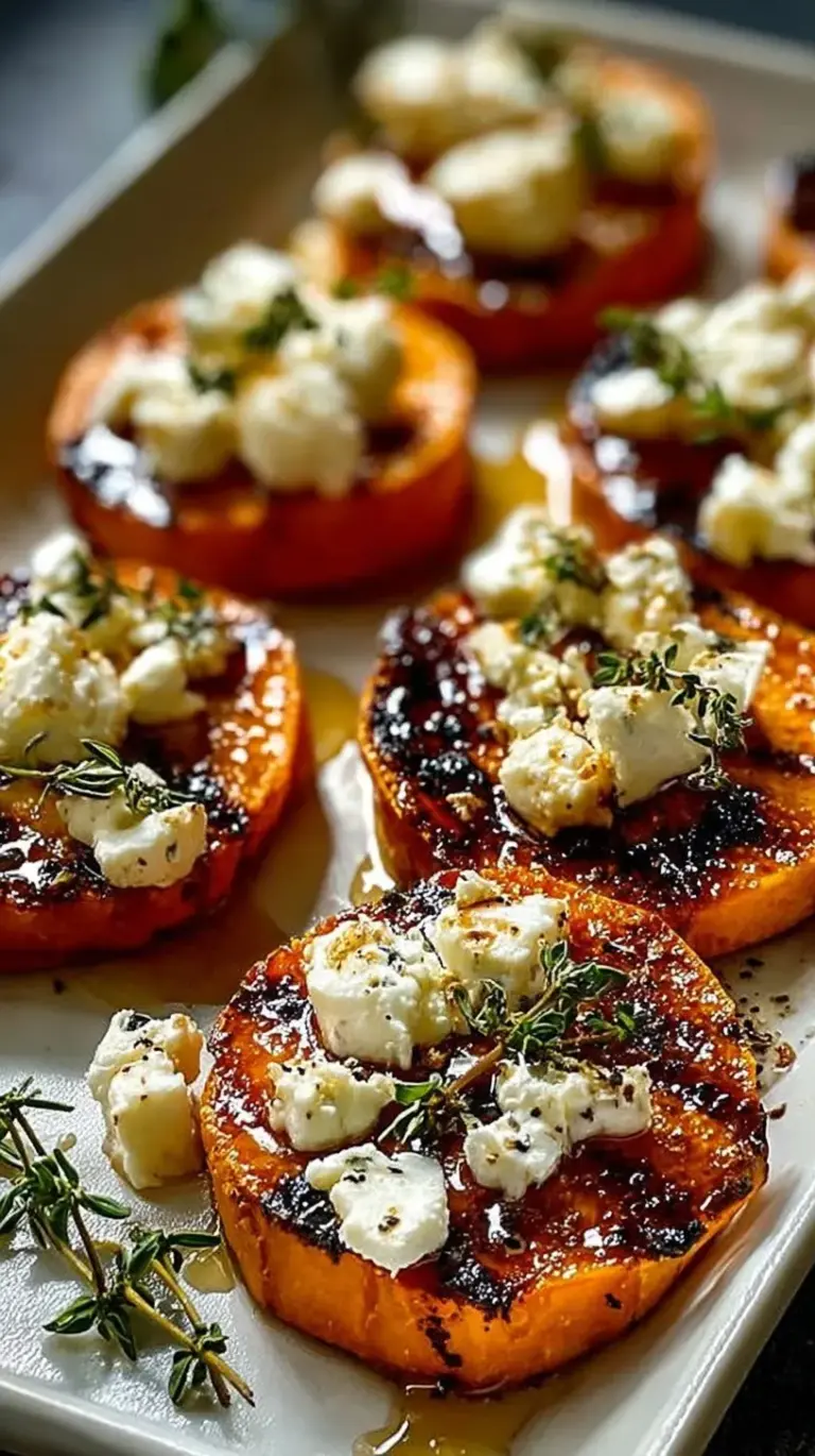 Roasted sweet potato rounds topped with whipped white feta and a drizzle of golden honey on a serving platter.