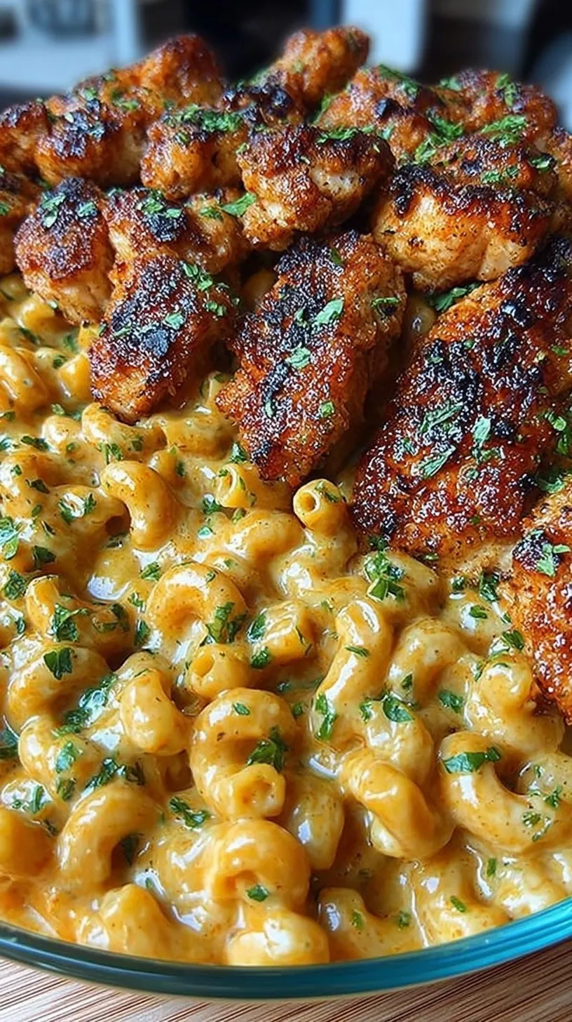 A bowl of creamy mac and cheese topped with golden honey garlic chicken cubes