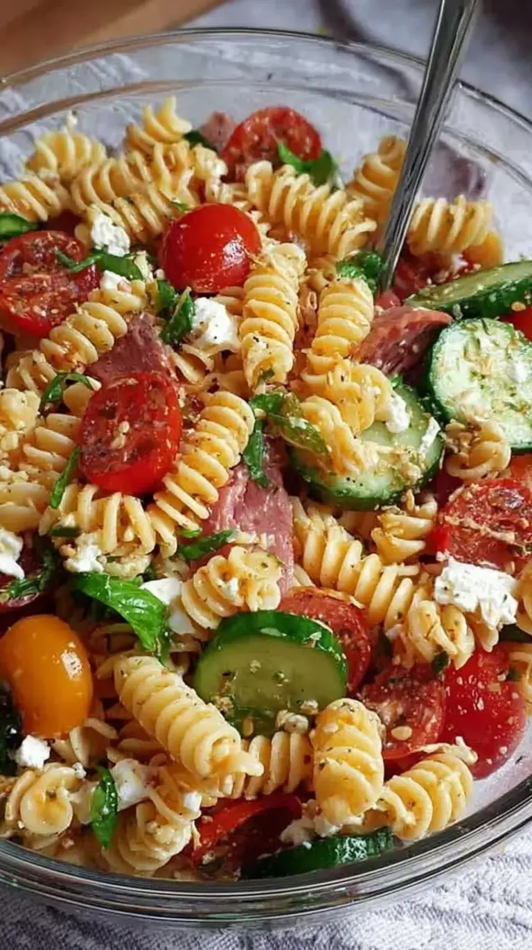A colorful bowl of high protein Italian pasta salad with chicken, tomatoes, and mozzarella pearls.