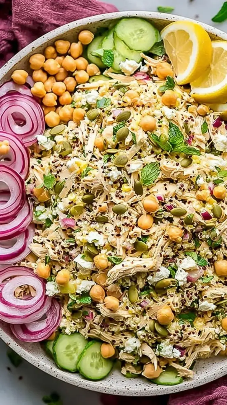 A vibrant glass bowl filled with bulgur, chicken, chickpeas, diced cucumbers, and fresh herbs.