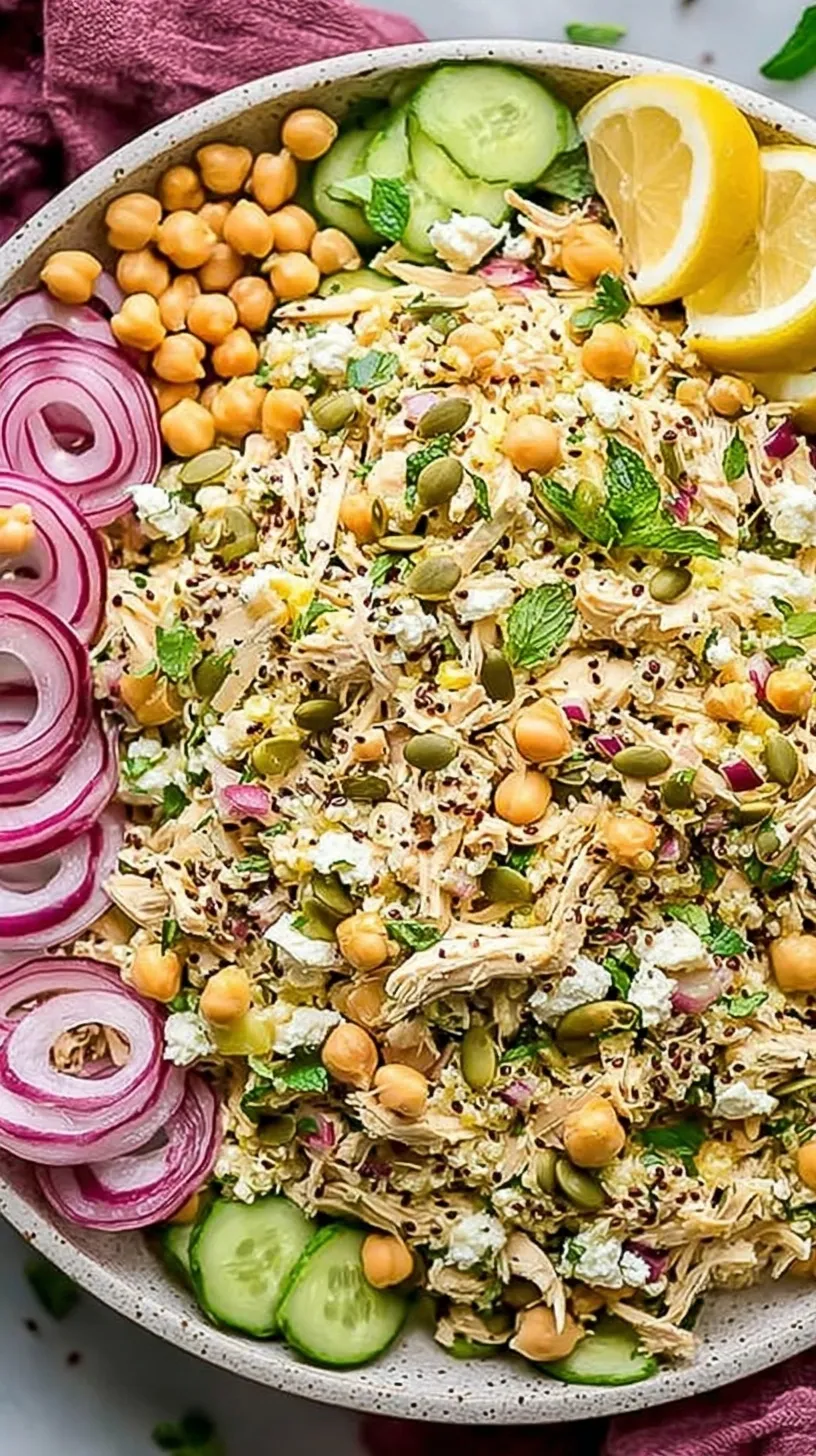 A vibrant glass bowl filled with bulgur, chicken, chickpeas, diced cucumbers, and fresh herbs.