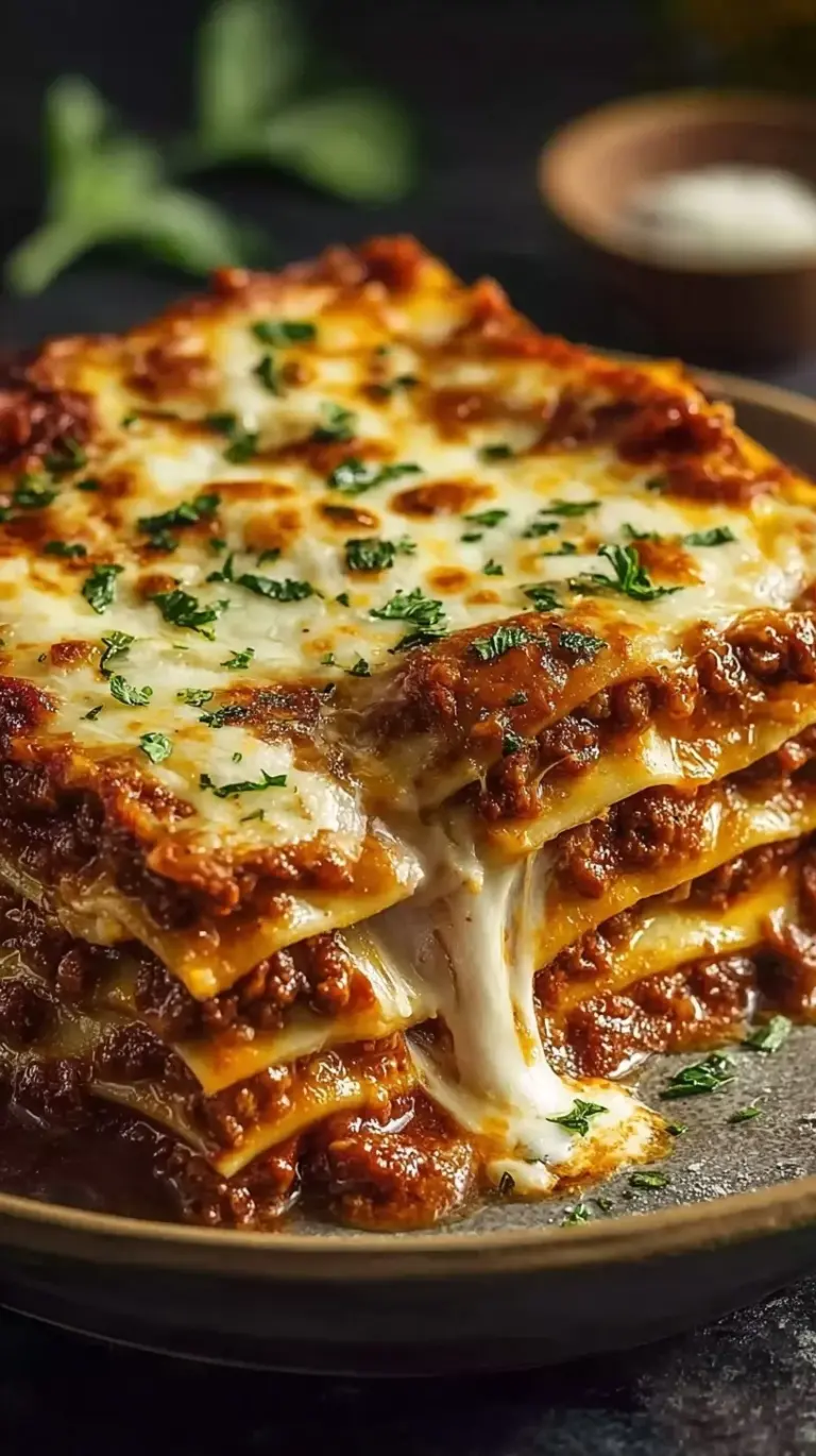 A golden, bubbling slice of high protein lasagna on a white plate with fresh herbs