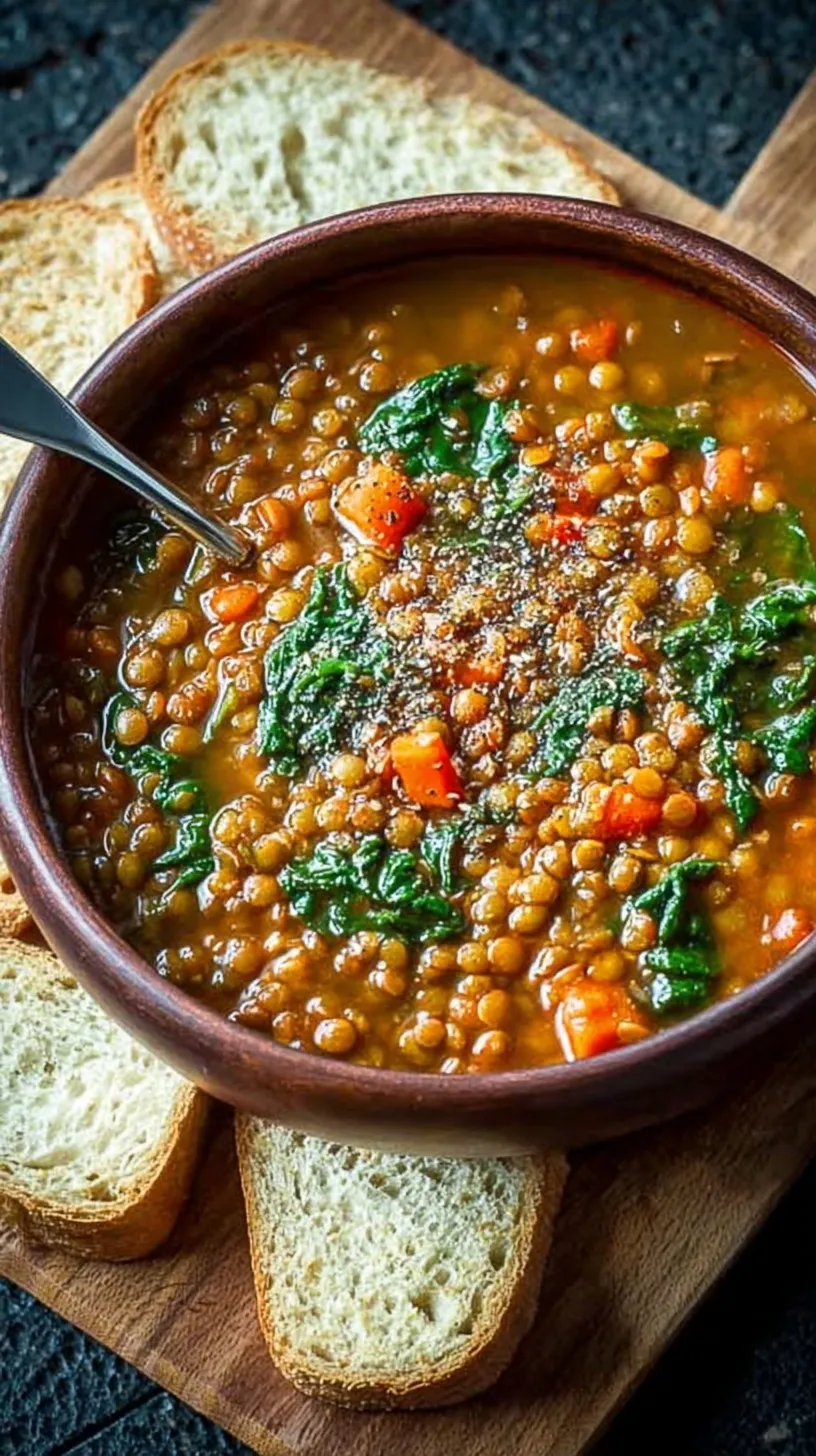 A warm bowl of high protein lentil soup with chicken and spinach