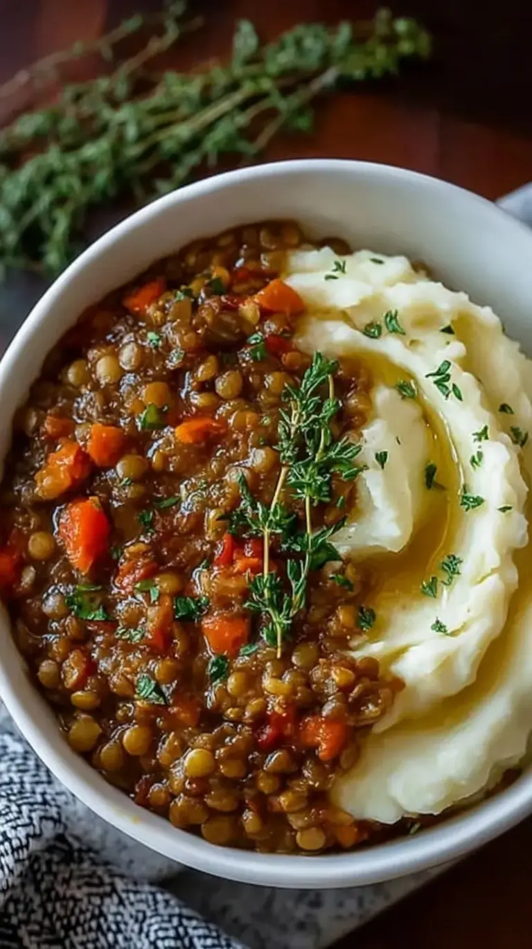 A bowl of savory brown lentil stew ladled over a mound of creamy white mashed potatoes garnished with fresh herbs.