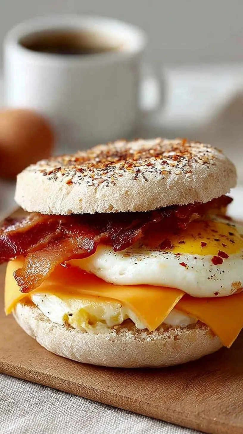 A fresh protein breakfast sandwich on a whole grain English muffin with spinach and Canadian bacon