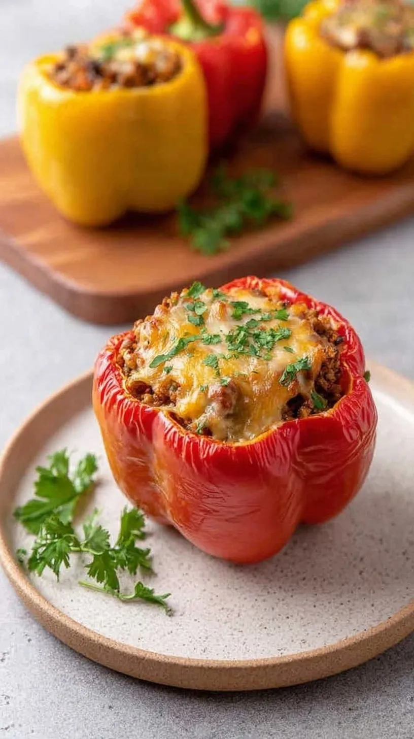 Four vibrant bell peppers stuffed with ground turkey and cauliflower rice topped with melted cheese in a white baking dish.