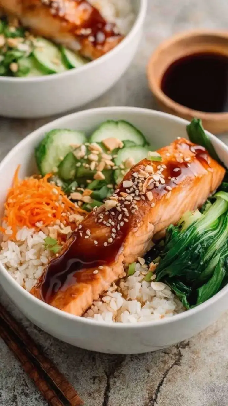 A fresh bowl with seared salmon, green broccoli, and cauliflower rice drizzled with teriyaki glaze.
