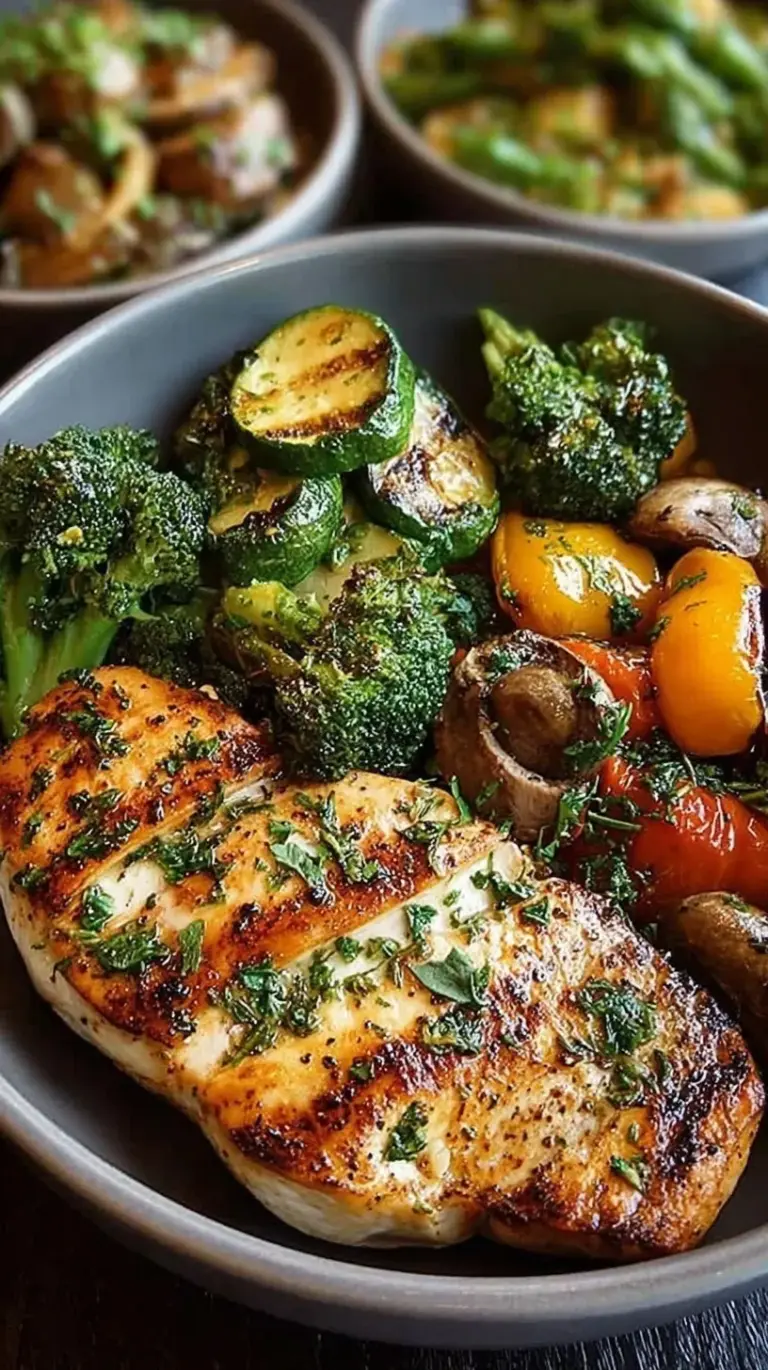 A colorful plate of pan-seared chicken strips and sautéed broccoli, red peppers, and zucchini.