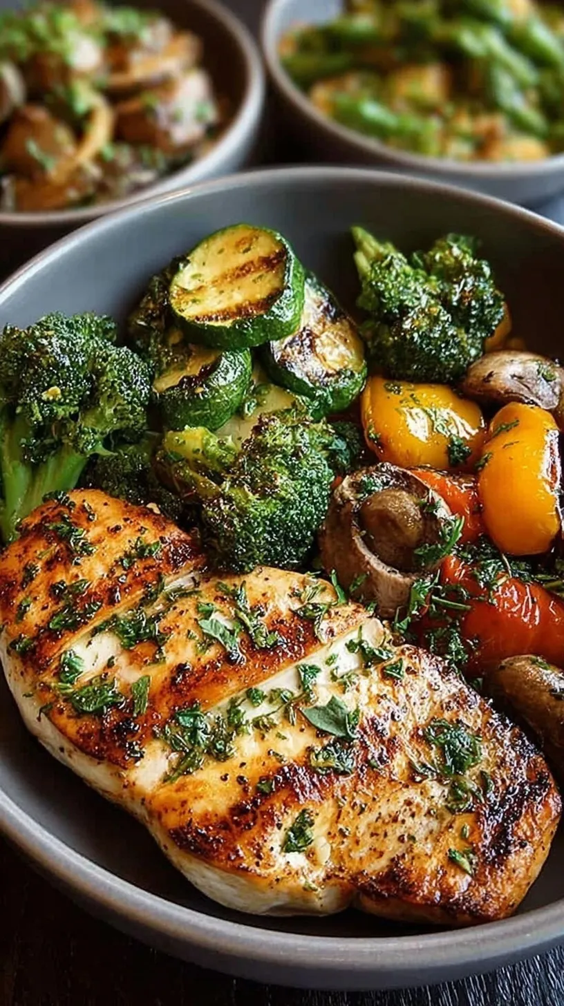 A colorful plate of pan-seared chicken strips and sautéed broccoli, red peppers, and zucchini.