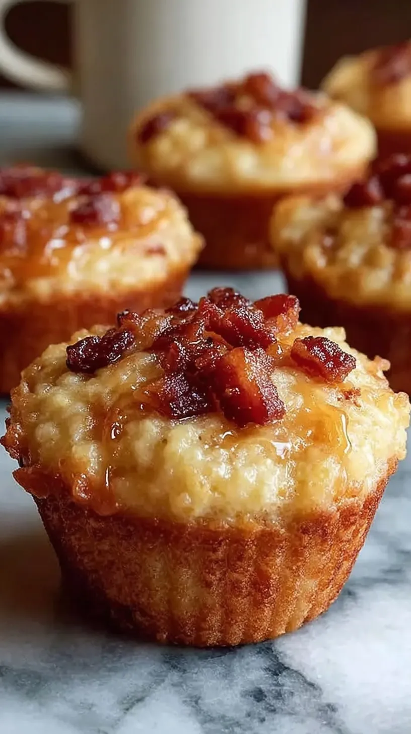 A close-up shot of golden brown maple bacon pancake muffins in a tin