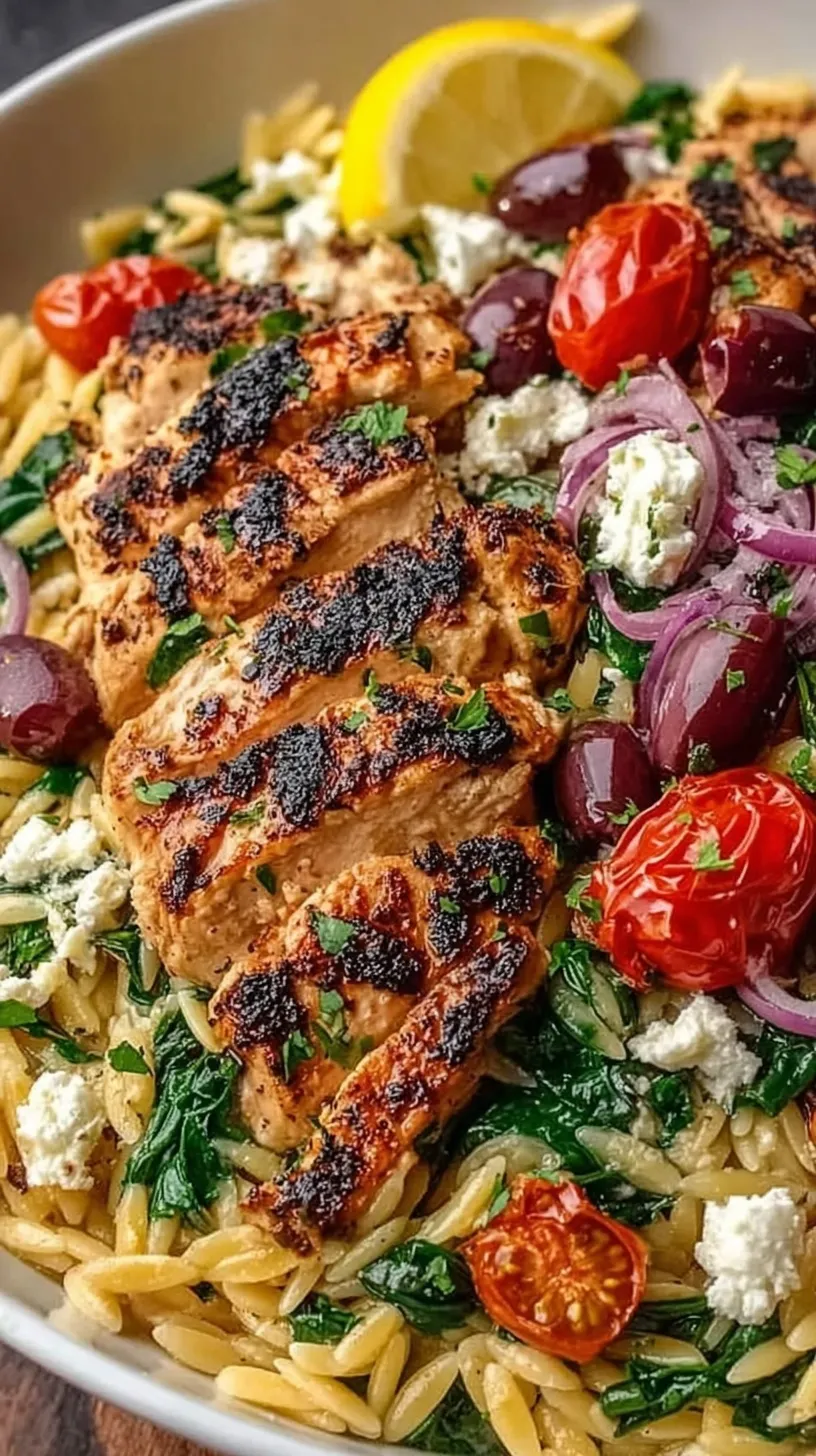 A vibrant skillet of Mediterranean chicken orzo with spinach, tomatoes, and feta cheese.
