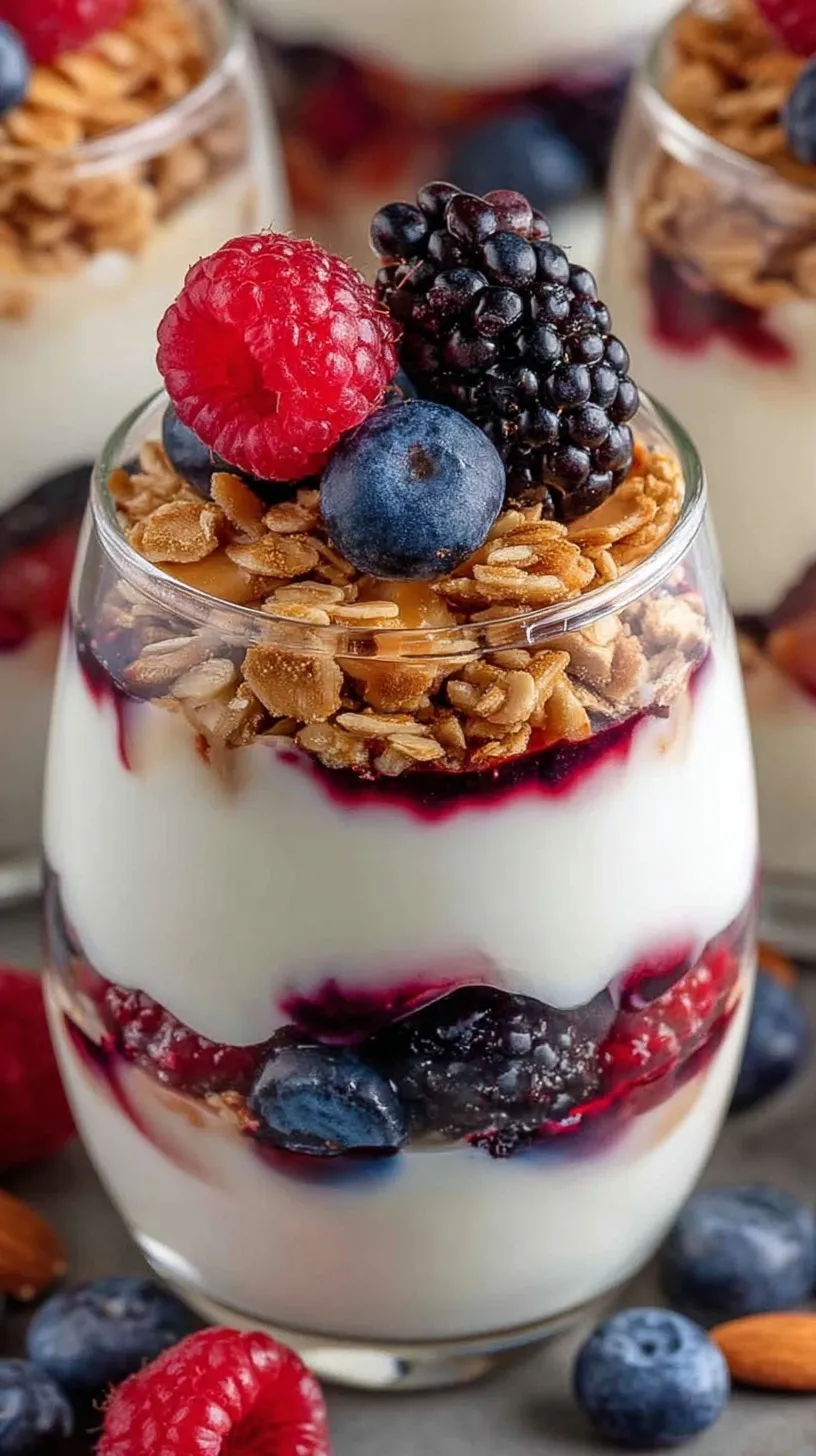 Two glass jars filled with layers of white Greek yogurt, red strawberries, blue blueberries, and crunchy granola on a bright kitchen counter.