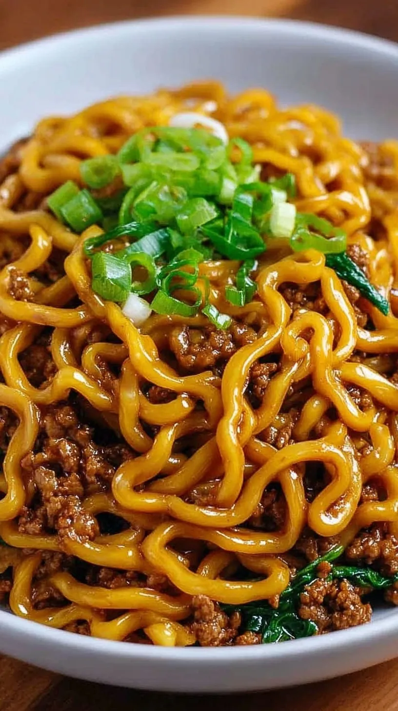A bowl of High Protein Mongolian Noodles with beef, broccoli, and edamame pasta topped with green onions.