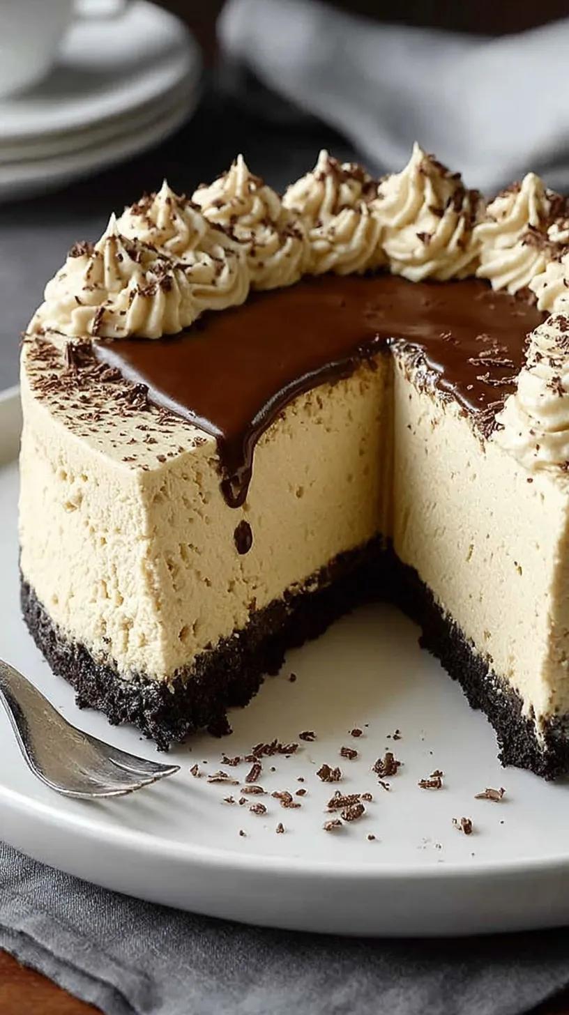 A slice of creamy coffee cheesecake on a plate with a graham cracker crust.