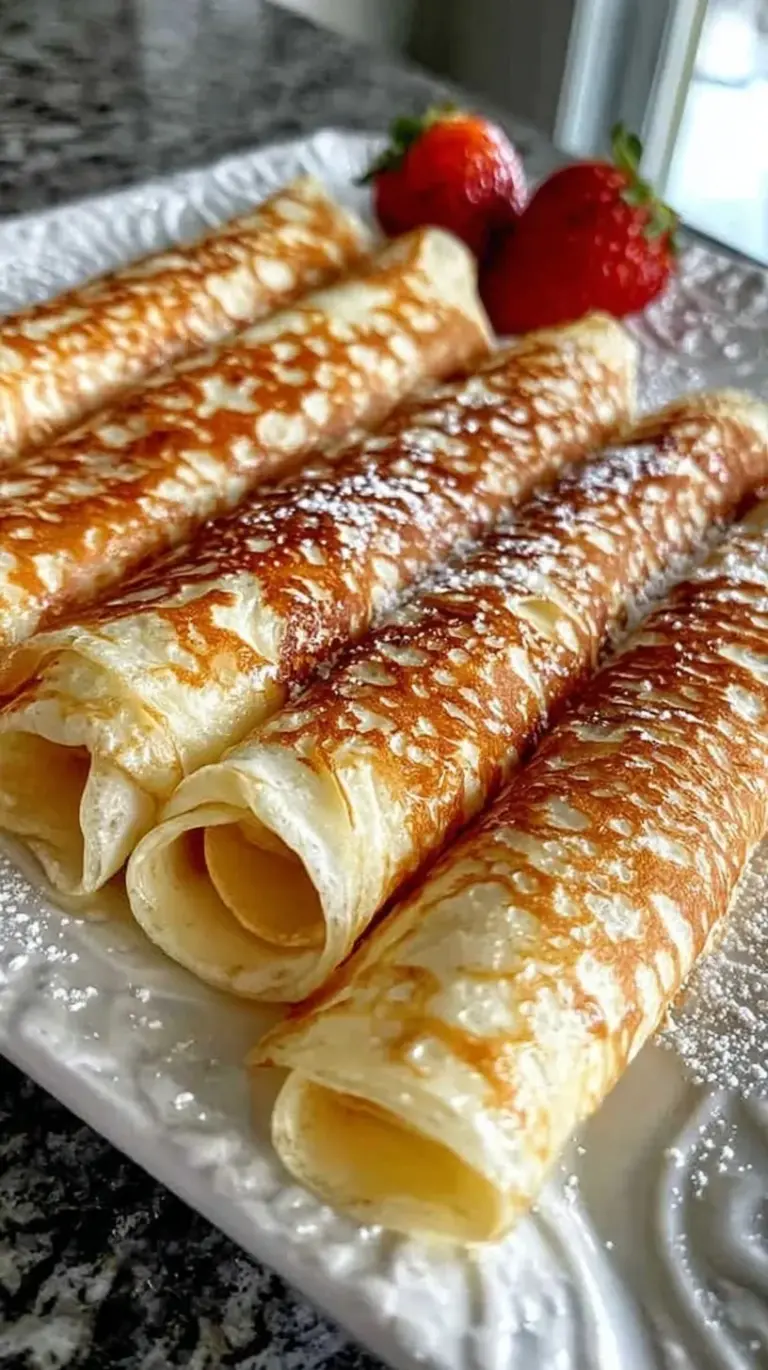 A stack of thin, golden-brown oatmeal crepes topped with fresh berries and yogurt on a white plate.