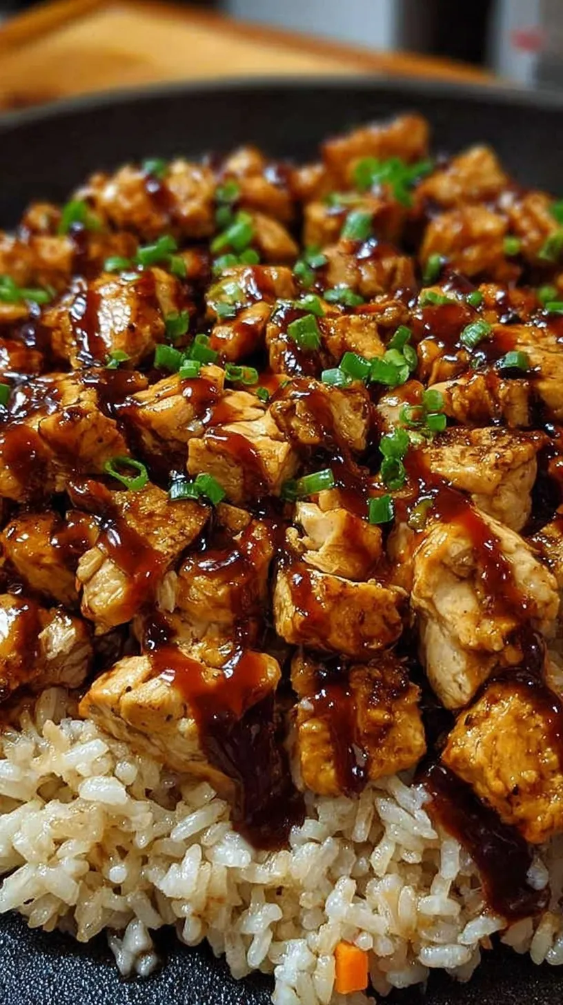 A skillet of golden Honey BBQ Chicken Rice garnished with fresh green onions