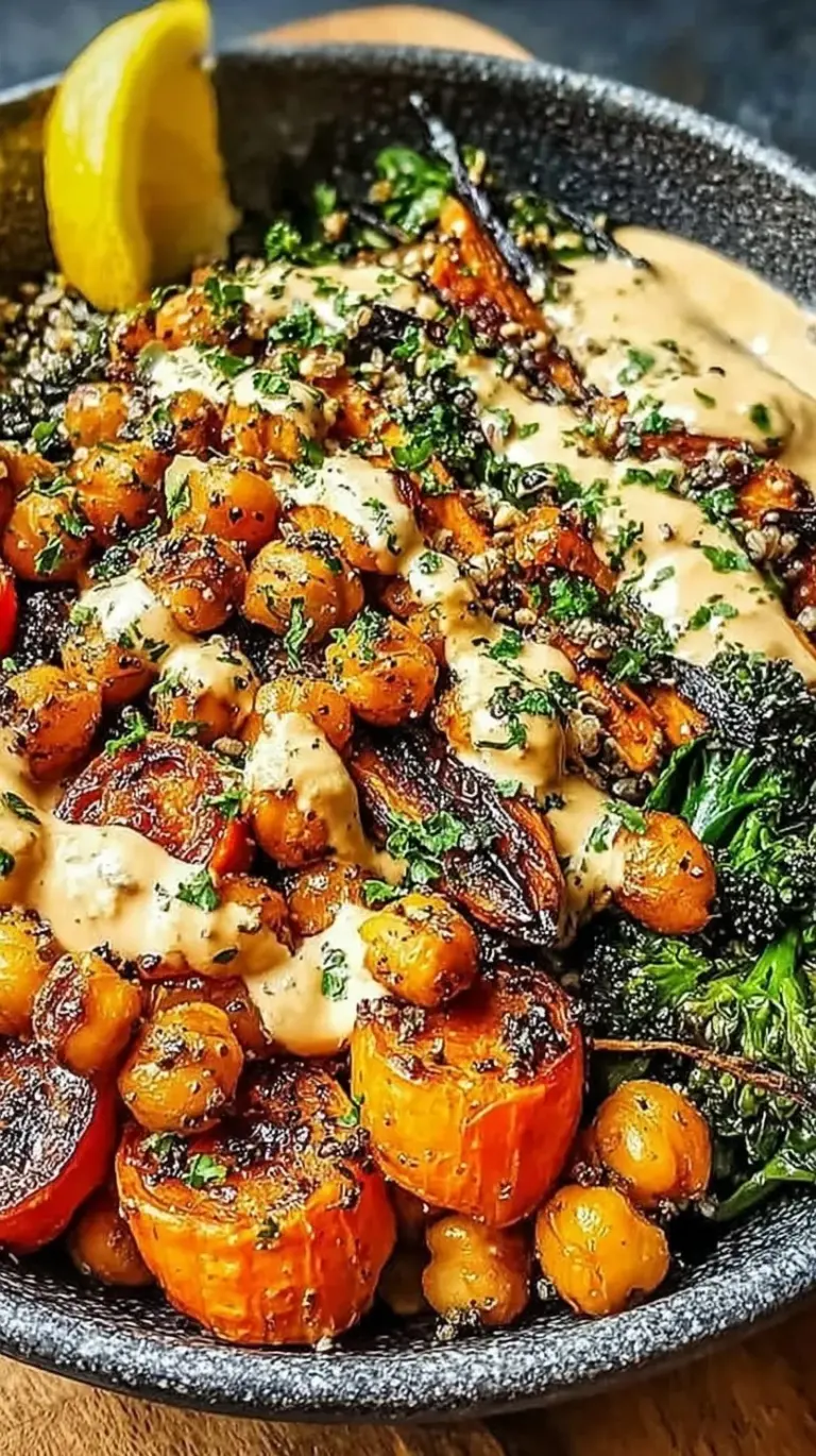 A vibrant roasted carrot and chickpea bowl topped with creamy yogurt dressing and fresh parsley.