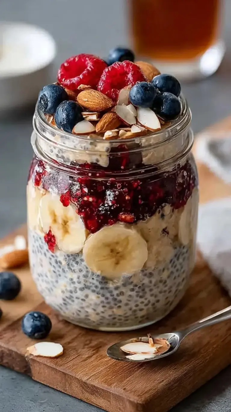 A glass mason jar filled with creamy overnight oats topped with fresh blueberries